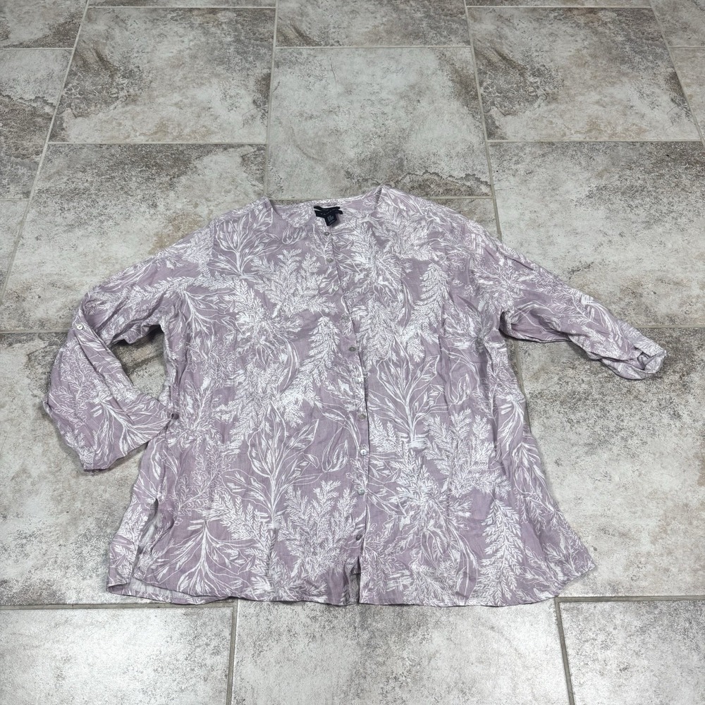 Tahari 100% Linen Tunic Button Front Shirt Roll Up Sleeve Leaf Plus Womens 2X